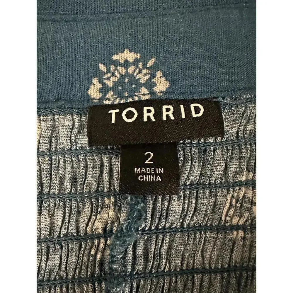 Torrid teal boho floral V-neck long sleeve smocked peplum blouse Size 2/2X - Picture 2 of 7